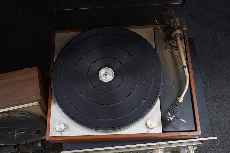 A pair of floorstanding IMF speakers, together with a Sony three-head reel to reel tape recorder, a National Panasonic compact television TR-565G, a Sony integrated stereo amplifier TA-1150, a turntable, a Pioneer tuner